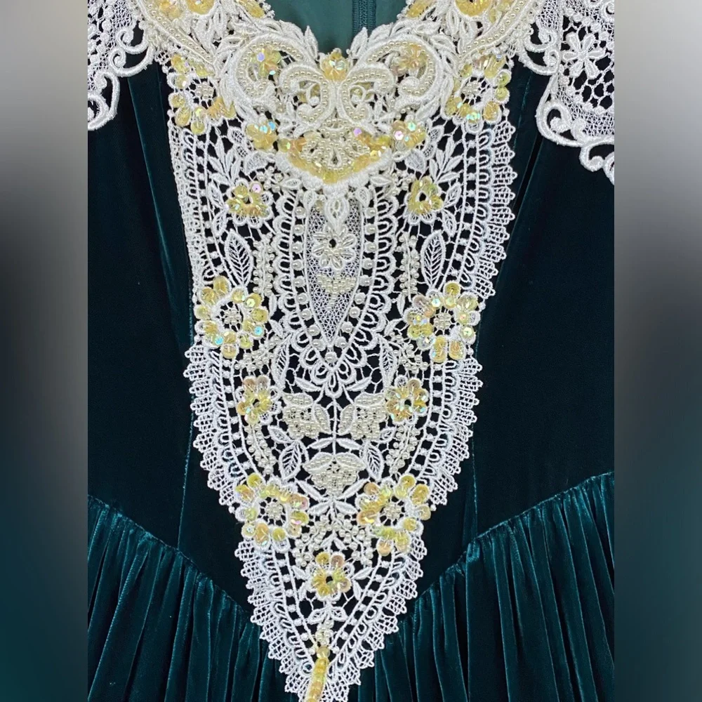 Jessica McClintok Vintage Velvet Lace‎ and Beaded Dress 4 Green 80’s Petticoat - Picture 3 of 12